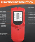 Stud Finder Wall Scanner LCD Display 7 in 1, red device showing various scanning modes and indicators, ideal for detecting metal and wood.