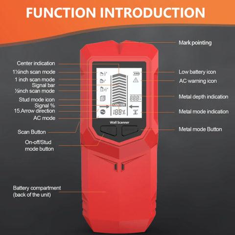 Stud Finder Wall Scanner LCD Display 7 in 1, red device showing various scanning modes and indicators, ideal for detecting metal and wood.