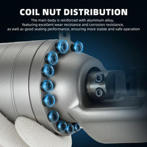 Heavy Duty Cordless Rebar Bender And Cutter With 360 Degree Rotation Portable Handheld Electric Hydraulic Tool showing coil nut distribution for stability.