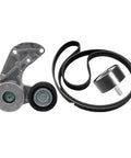 Top Tier 3PCS Drive Belt Idler Pulley Tensioner Kit For VW Cars that includes tensioners and rubber belt for engine noise reduction.