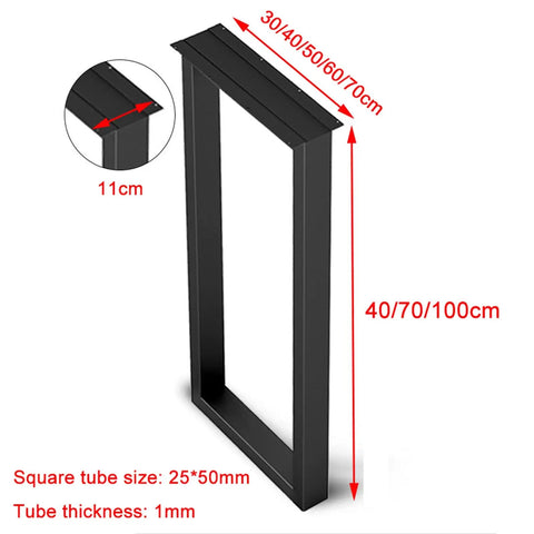 Damn Slick Matte Black Industrial Table Legs Built Tough With Solid Steel Frame dimensions showing sizes and square tube details.