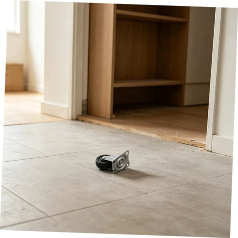 Four Pack Two Inch Rubber Swivel Caster Wheels Dead Silent Low Profile Design on tile floor, showcasing smooth rolling feature.