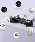 Longer laser engraver rotary roller with bracket; side view on black base for engraving cylindrical objects like tumblers.