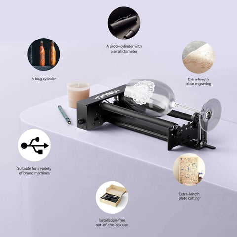 Longer laser engraver rotary roller with bracket; side view on black base for engraving cylindrical objects like tumblers.