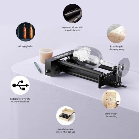 High Performance 360 Rotary Attachment For Laser Engraver Knocks Out Tubular Jobs Universal Fit Cups Bottles Tumblers Smooth Operator close-up with glass and tools.