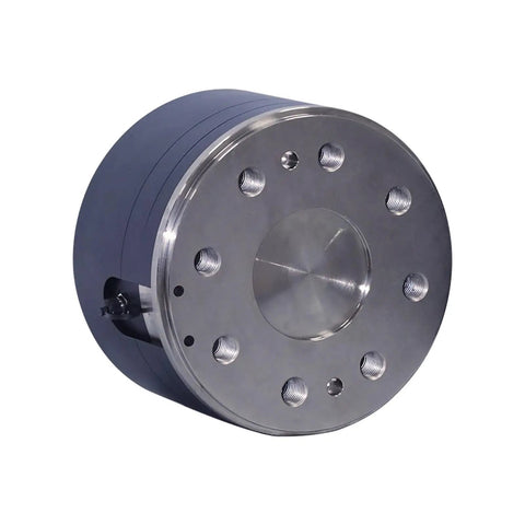 Six-Axis Force Sensor Workhorse For Industrial Torque And Force Measurement, Compact, Rugged Load Cell For Fixed Installations And Arm Control, Model DYDW-009R100 XYZ 5 To 60 kN, cylindrical metal design front view