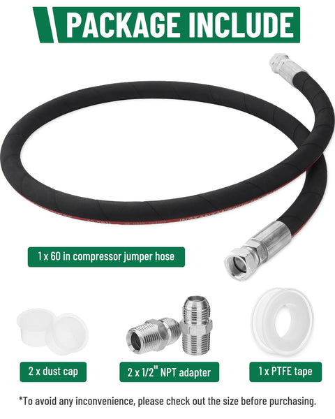 Heavy Duty Air Compressor Jumper Hose Kit With Sixty Inch Length And Half Inch NPT Swivel Ends, package contents