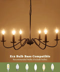Black 6 Light Modern Farmhouse Chandelier With Industrial Candle Style for Dining Room showcasing E12 bulb compatibility