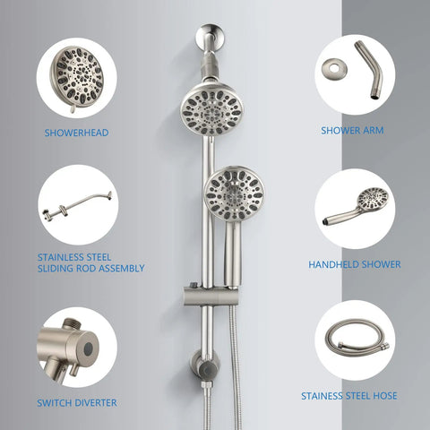 Dual Shower Head Combo Delivers Top Tier High Pressure Flow And Forty Eight Custom Settings With Sleek Brushed Nickel Finish Includes Smooth Adjustable Rail No Drill Setup Three Way Diverter For Relaxing Bathroom Spa Days