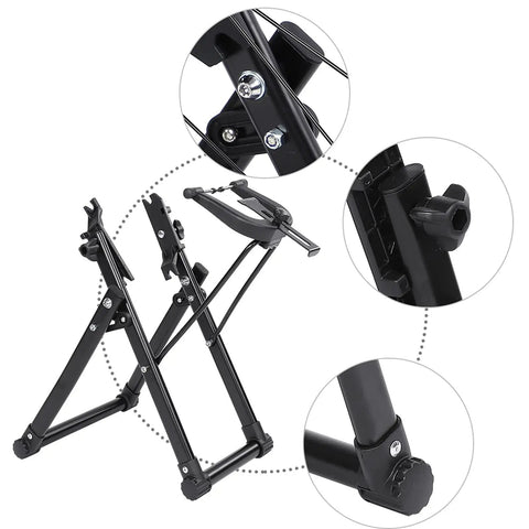 Foldable Wheel Truing Stand For 16 To 29 Inch Wheels, Space Saving Maintenance Holder, close-up detail of aluminum frame and adjustments.