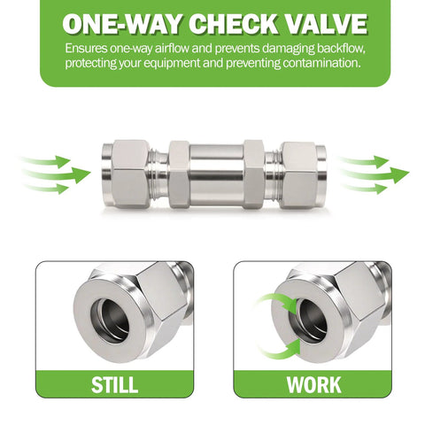 Front view of a 304 stainless steel one-way compression check valve, 3/8 in OD, 1-pack
