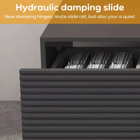 Slick Wall Mounted Double Sink Bathroom Vanity With Led Smart Defogger Mirror And Floating Shelf For Toiletries Modern White Black Finish 56 Inch hydraulic damping slide close-up view.