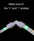 Image of 10mm 3 Pin LED Strip Connectors Kit Solderless L Shape And T Shape Adapters For WS2811 WS2812B SK6812 RGB Light Strips showing L shape connection with '+' and '-' indicators.
