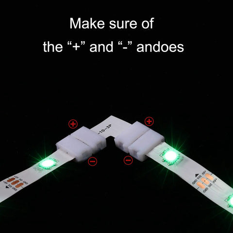 Image of 10mm 3 Pin LED Strip Connectors Kit Solderless L Shape And T Shape Adapters For WS2811 WS2812B SK6812 RGB Light Strips showing L shape connection with '+' and '-' indicators.