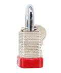 Side view of One And One Quarter Inch Laminated Steel Padlock With Vinyl Bumper And Brass Keys, Built Tough Nickel Plated Lock