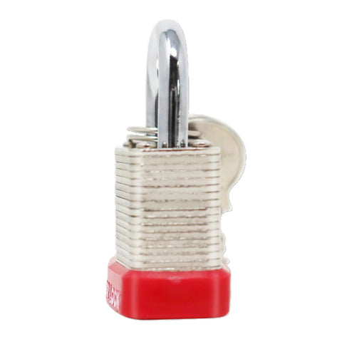 Side view of One And One Quarter Inch Laminated Steel Padlock With Vinyl Bumper And Brass Keys, Built Tough Nickel Plated Lock