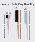 Detail And Define Hair Styling Kit With Pintail Comb Edge Brush And Teasing Tool, showing dimensions and sizes, compact and travel-friendly.