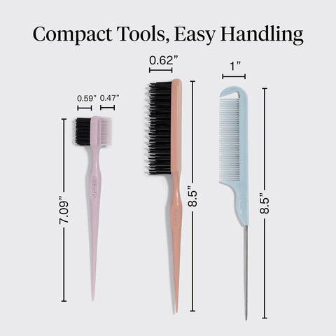 Detail And Define Hair Styling Kit With Pintail Comb Edge Brush And Teasing Tool, showing dimensions and sizes, compact and travel-friendly.