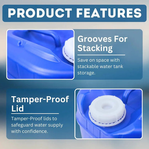 Five Gallon Stackable Water Storage Containers Kit With Ten Lids And Two Spigots, grooves for stacking, tamper-proof lid features