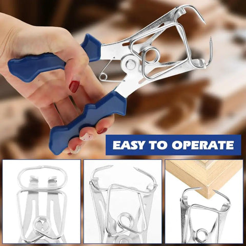 Spring Loaded Miter Clamp Kit, 10 Pack With Pliers And 8 Stainless Bevel Clips, Blue Metal Fasteners for Woodworking, close-up