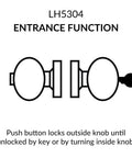 Illustration of Door Knob Cylindrical Lock With Keyed Entry In Satin Stainless Steel Finish Left Or Right Hand Adjustable UL Certified US32D ANSI BHMA Grade 2 Heavy Duty Commercial Door Hardware Embassy Series showing entrance function and push button locking mechanism.