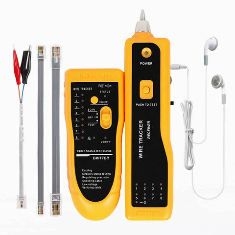 Pro Network Tool Kit With RJ45 Crimp Tool Pass Through Crimper Cat6 Cat5e Cat5 Crimping Tool, Wire Tracker, accessories shown
