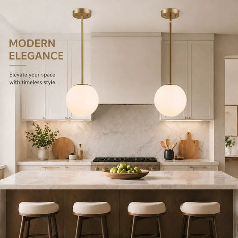 Mid Century Modern 1 Light Pendant Light With White Glass Globe Shade And Gold Finish Brushed Brass Fixture Adjustable Height