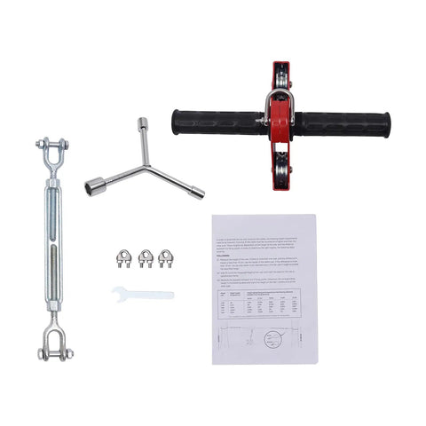 Outdoor Zip Line Kit 120Ft For Backyards With Stainless Steel Trolley And Safety Spring Brake System components laid out