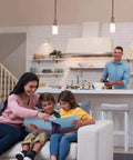 Family enjoying reading together on a sofa with Smooth Flicker Free Led Dimmer Switch With Matching Almond Wallplate Included.