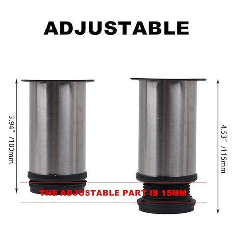 4 Pack Adjustable Stainless Steel Furniture Legs 2 Inch Round Metal Feet For Coffee Tables Cabinets Desks Sofas And Shelves With Screws Driver And Non Slip Pads Height Adjustable From 10cm To 11.5cm, shown with height measurement.
