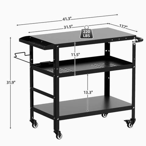 Beefy Outdoor Grill Cart With Wheels, Pizza Oven Stand And Prep Table For Patio And Backyard, Portable BBQ Cart, Steel Frame