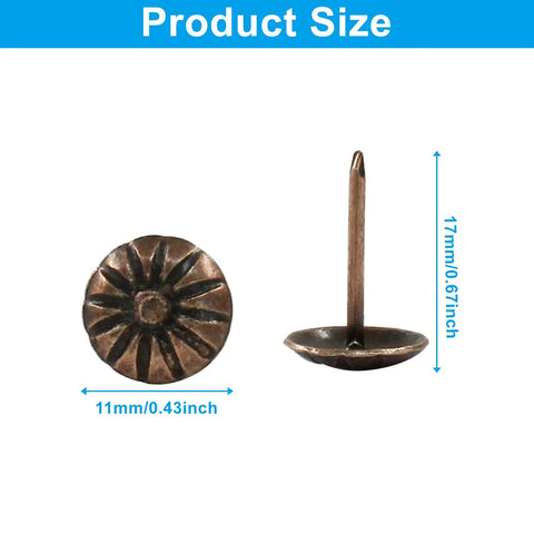 Premium Red Copper Upholstery Tacks 100 Pack 7/16 Inch Antique Furniture Nails showing size dimensions of 11mm and 17mm.