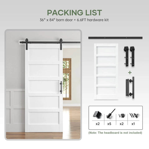 36 By 84 Inch White Sliding Barn Door Slab With Six Point Six Foot Hardware Kit Included Five Panel MDF Wood Door With Waterproof Scratchproof PVC Surface Easy DIY Assembly