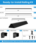 No Sweat Diy Black Aluminum Deck Railing Kit With Clip On Installation parts layout, 8 foot rails, 33 inch balusters, black metal components