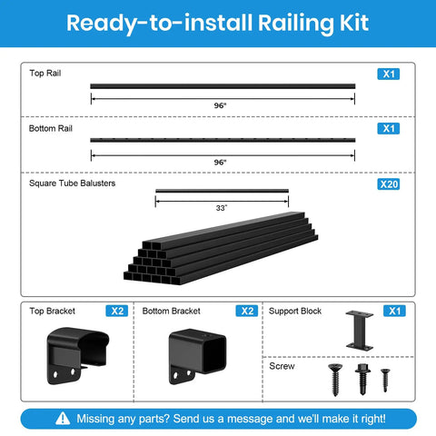 No Sweat Diy Black Aluminum Deck Railing Kit With Clip On Installation parts layout, 8 foot rails, 33 inch balusters, black metal components