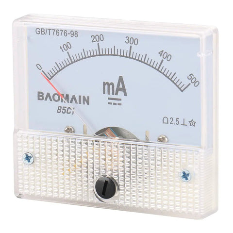 Analog DC Ammeter 0-500mA Panel Meter With 85C1 Dial, 2.5 Class Accuracy, showing precise current monitoring scale.