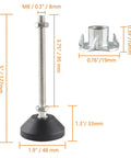 Heavy Duty Adjustable Leveling Feet With Grippy Rubber Cups To Square Up Wobbly Furniture M8 Thread Glides showing dimensions and design.