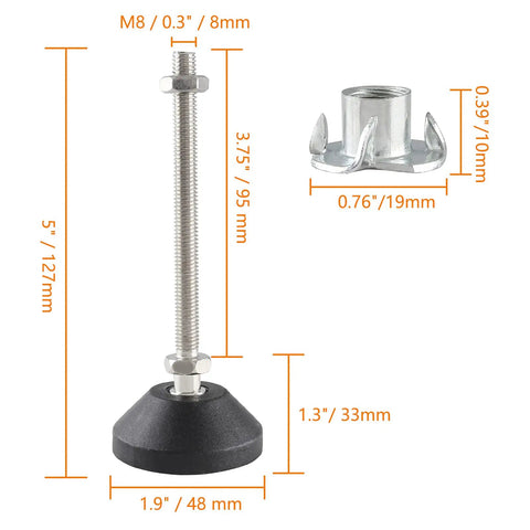 Heavy Duty Adjustable Leveling Feet With Grippy Rubber Cups To Square Up Wobbly Furniture M8 Thread Glides showing dimensions and design.