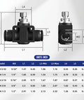 Five Pack One Quarter Inch Push To Connect Ball Valves For Pneumatic Air Control And Flow Speed Meter dimensions chart