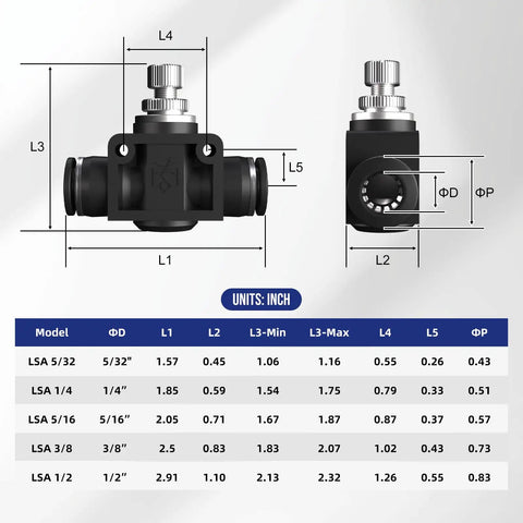 Five Pack One Quarter Inch Push To Connect Ball Valves For Pneumatic Air Control And Flow Speed Meter dimensions chart