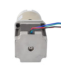 NEMA 23 stepper motor with 47:1 planetary gearbox, aluminum housing, front view with red, blue, green and black wires.