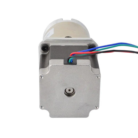 NEMA 23 stepper motor with 47:1 planetary gearbox, aluminum housing, front view with red, blue, green and black wires.