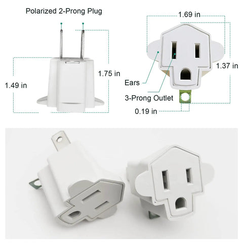 Three Prong To Two Prong Grounding Outlet Converter Two Pack Portable Fireproof 200C Wall Plug Adapter, ivory, dimensions listed.
