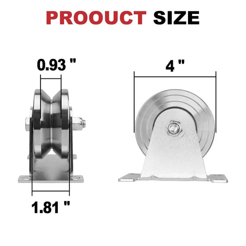 Built Like A Tank 4 Inch V Groove Gate Wheels size reference showing 4 inch diameter and dimensions 0.93" x 1.81".