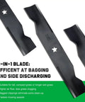 Three steel high-lift mower blades for Husqvarna 48 inch deck zero-turn riding mower Z248F, showcasing 2-in-1 efficiency.