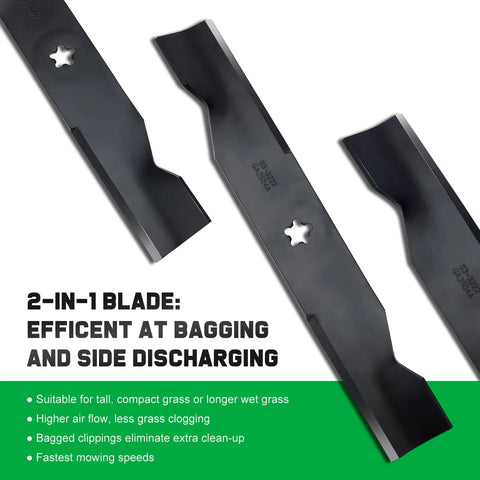 Three steel high-lift mower blades for Husqvarna 48 inch deck zero-turn riding mower Z248F, showcasing 2-in-1 efficiency.