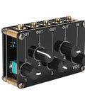 Compact 4 Channel Stereo Mixer For Home Studio Use Passive Live Console With Low Noise, top view of black knobs and outputs.