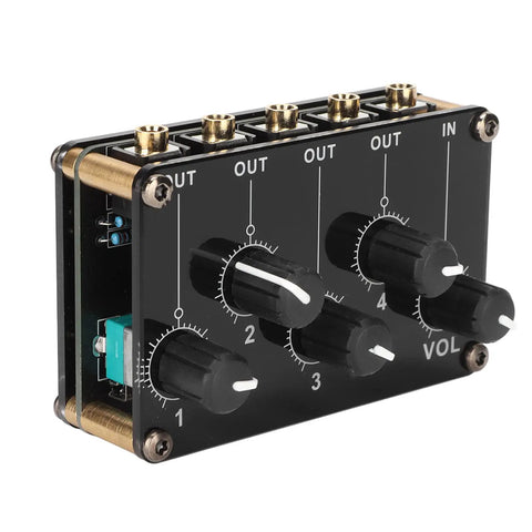 Compact 4 Channel Stereo Mixer For Home Studio Use Passive Live Console With Low Noise, top view of black knobs and outputs.