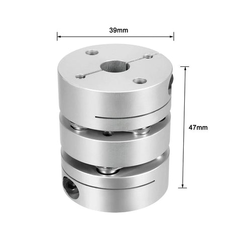 Two-diaphragm clamp-tight motor shaft coupling in silver aluminum, 10 mm x 19 mm bore, angled front view