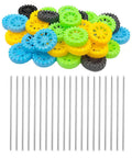 40 Pc Plastic Vehicle Wheels With 20 Pc Metal Axles for RC Cars Trucks Drones Robots Helicopters Diy Model Toys Building Accessories Mix Colors 1.38 Inch Diameter Wheels And 3.94 Inch Long Shafts in various colors displayed with metal shafts.